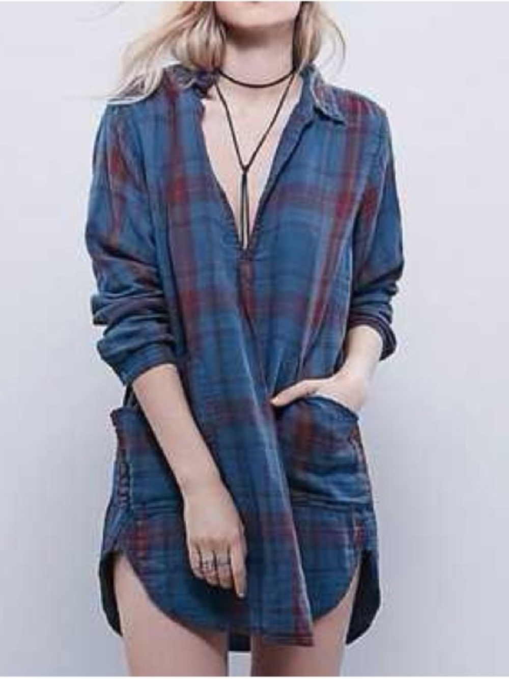 Free People x CP Shades Blue Loco Lava Plaid Tunic Flannel Top Medium 90s